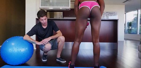  Super hot black girl stretches with her aroused trainer